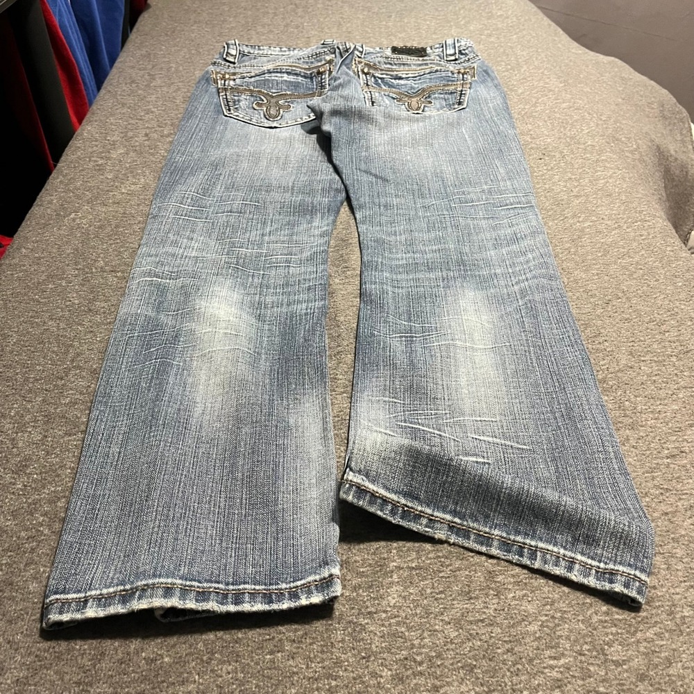 Rock Revival Victor Straight Leg Jeans Mens 32x33 Medium Wash Distressed Blue